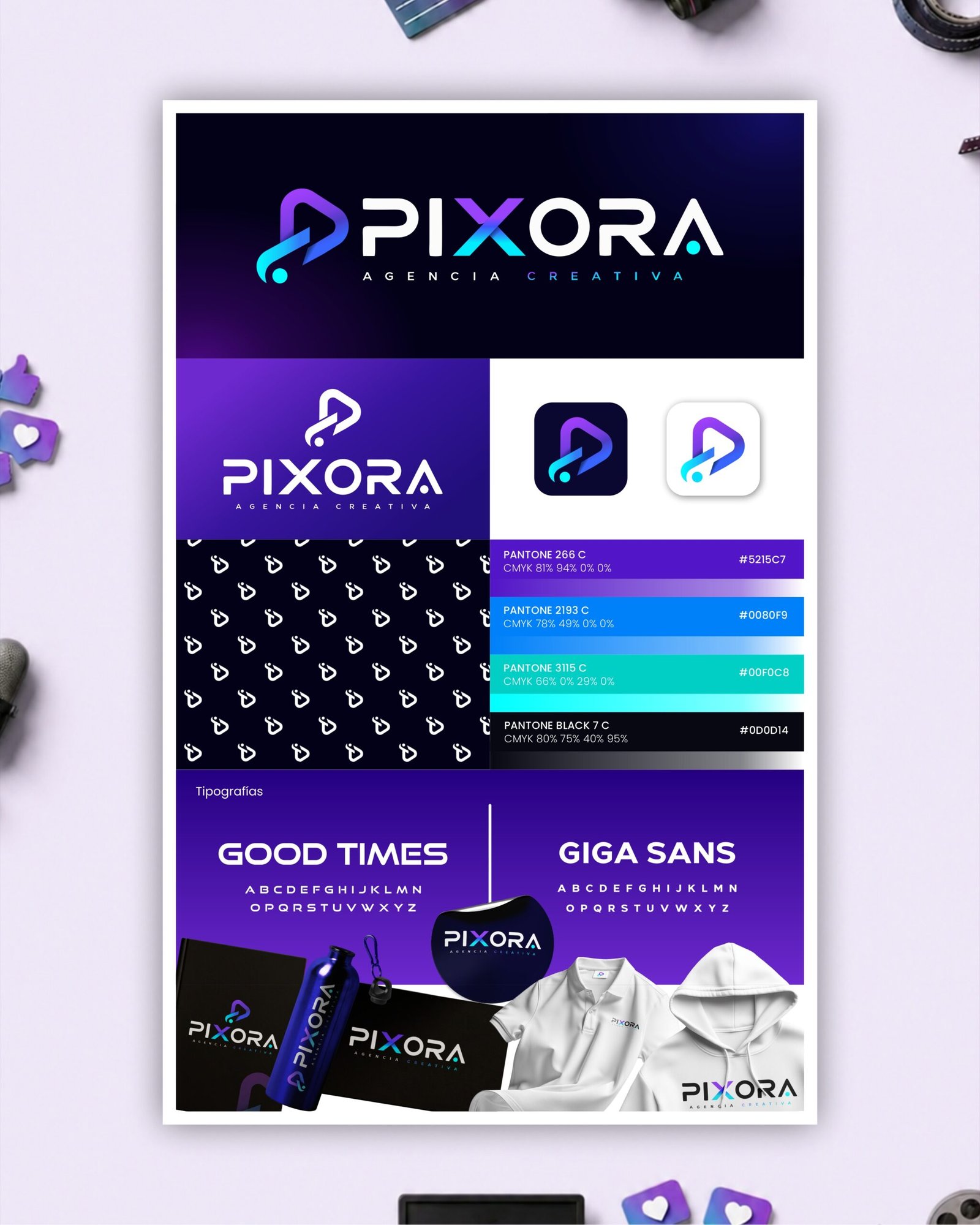 Identidad visual corporativa para Pixora, empresa de tecnología